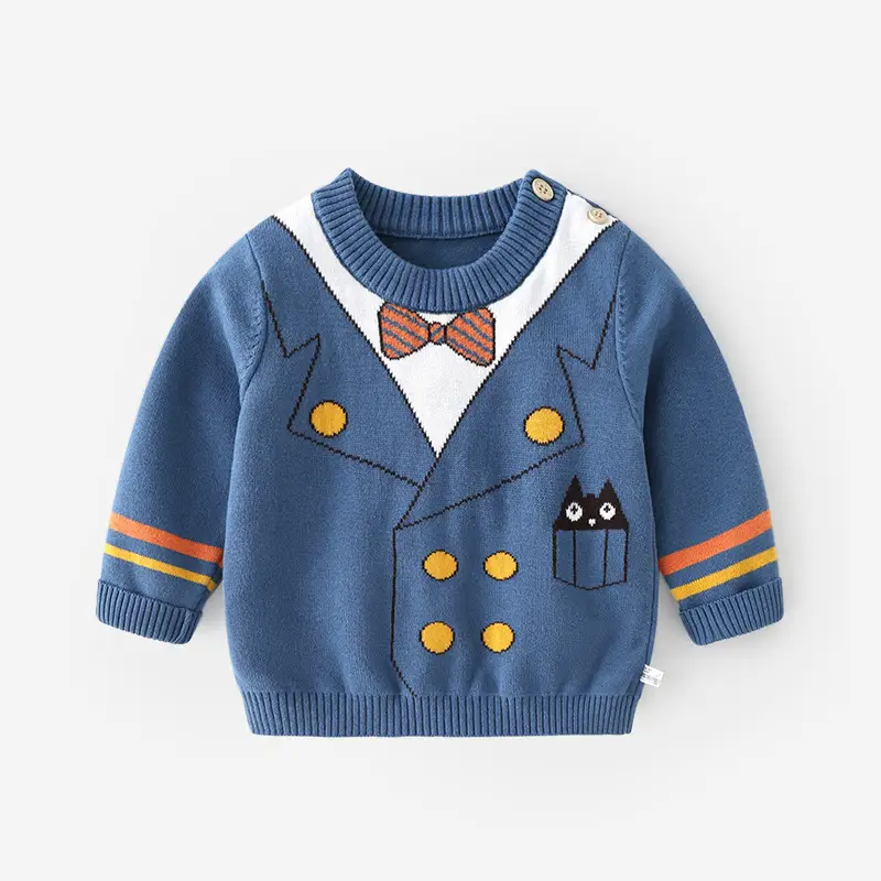 Kids Knitted V-Neck Top Blue with Bow & Cat Design