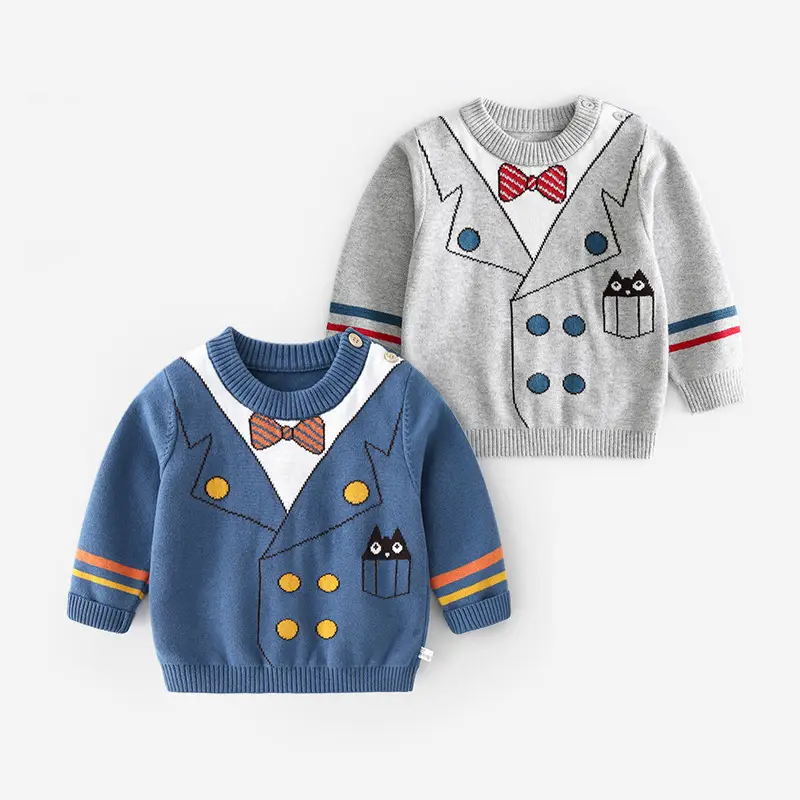 Kids Knitted V-Neck Top Blue with Bow & Cat Design