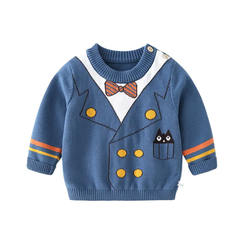 Kids Knitted V-Neck Top Blue with Bow & Cat Design