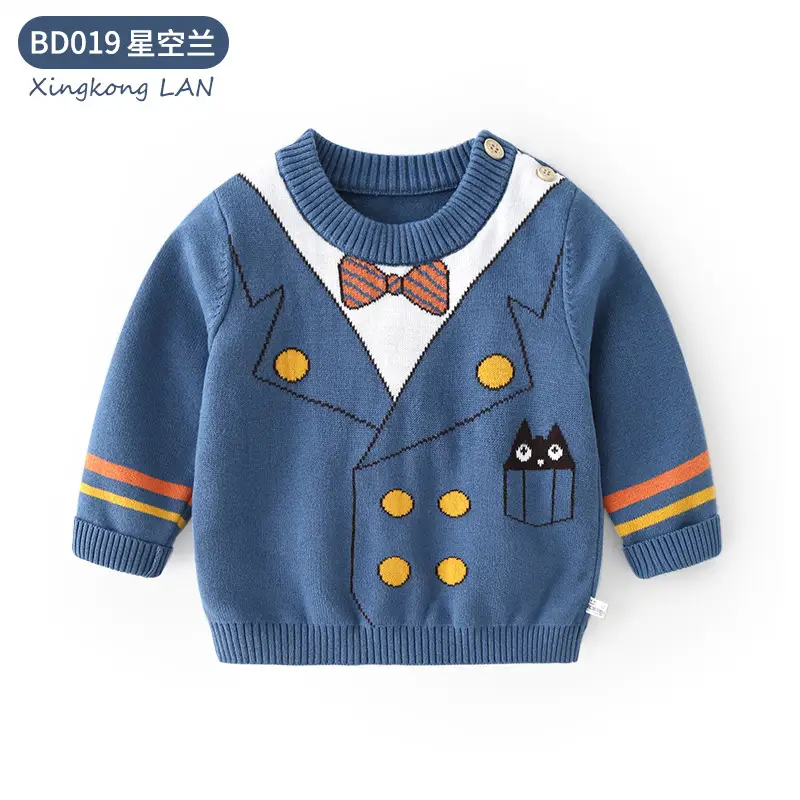 Kids Knitted V-Neck Top Blue with Bow & Cat Design