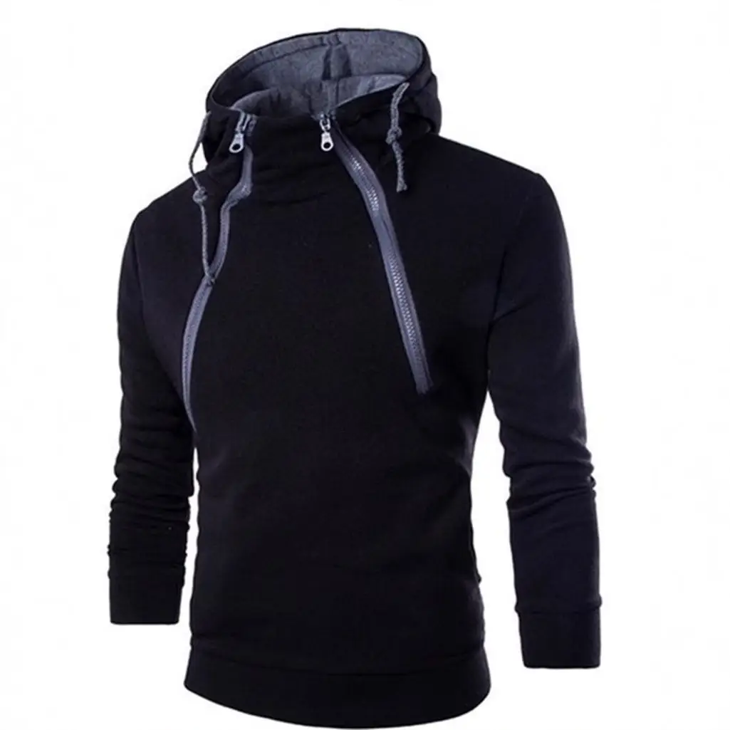 Men's Black Hooded Long Sleeve Sweater with Zipper - Image 3
