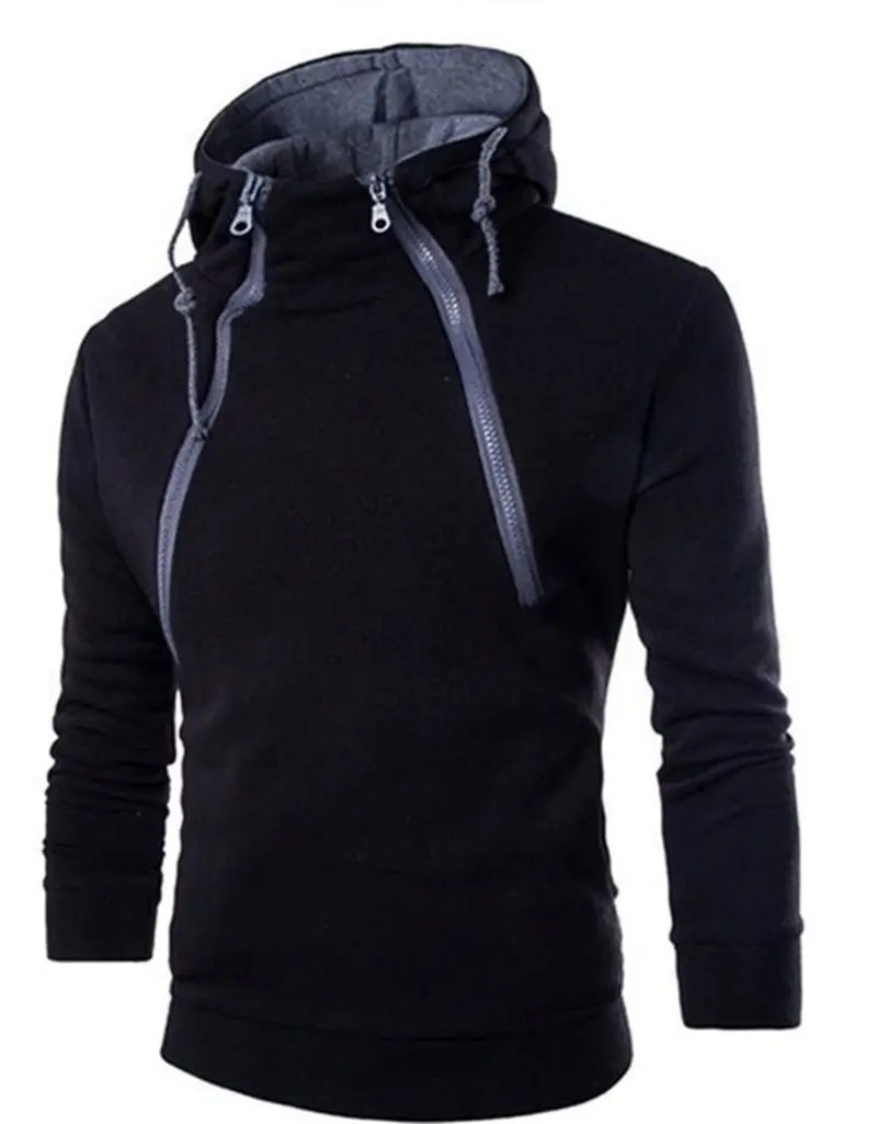 Men's Black Hooded Long Sleeve Sweater with Zipper — feature 5