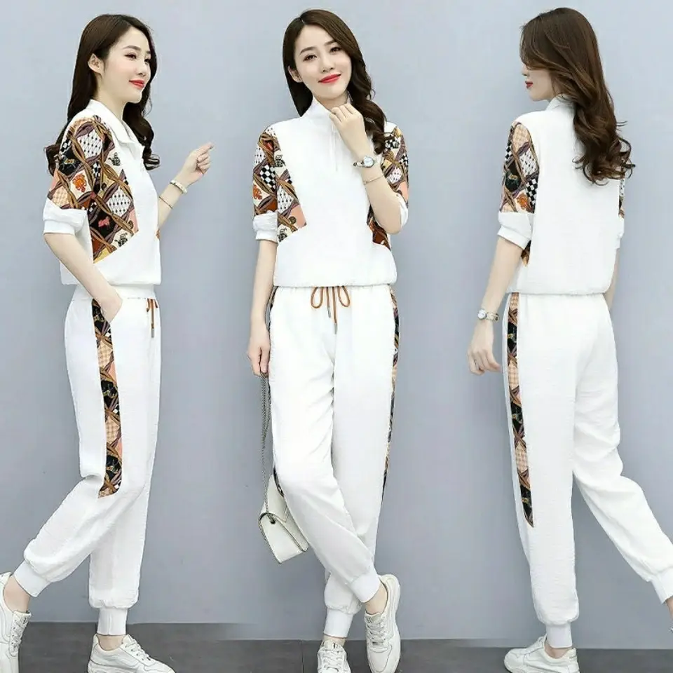 Women's White Printed Polo Pants Set Summer 2023 - Image 4