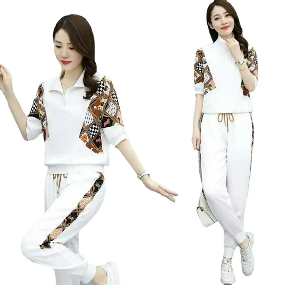 Women's White Printed Polo Pants Set Summer 2023 - Image 7