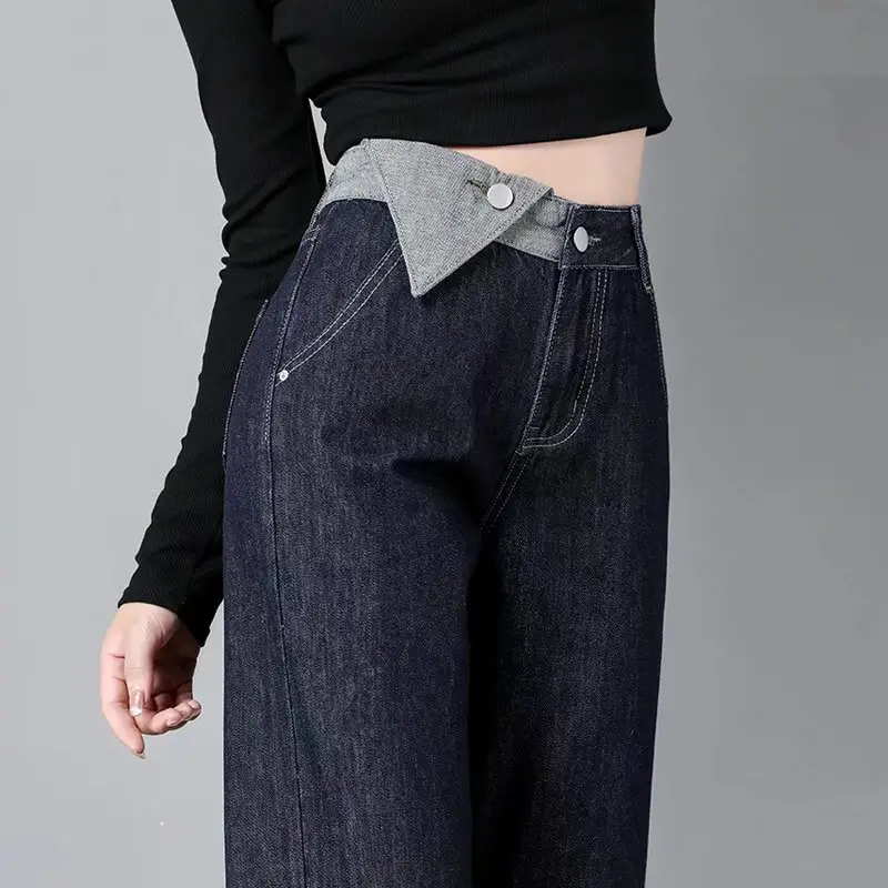 Women's Irregular Denim Pants Dark Blue Wide Leg High Waist - Image 3