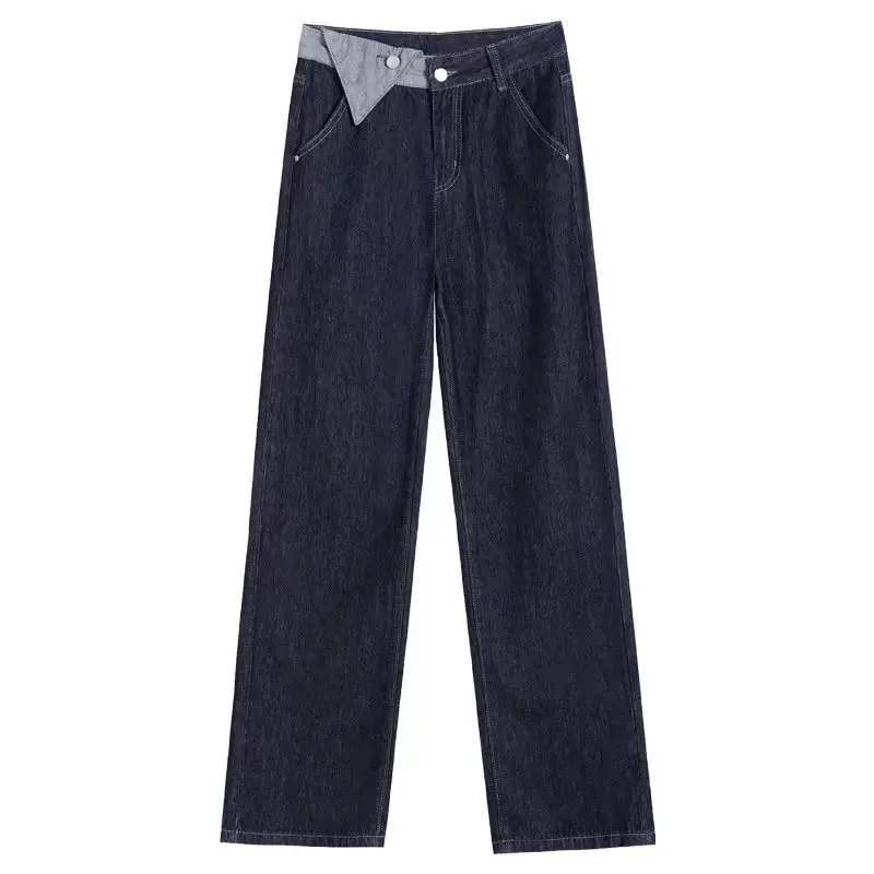 Women's Irregular Denim Pants Dark Blue Wide Leg High Waist — feature 16