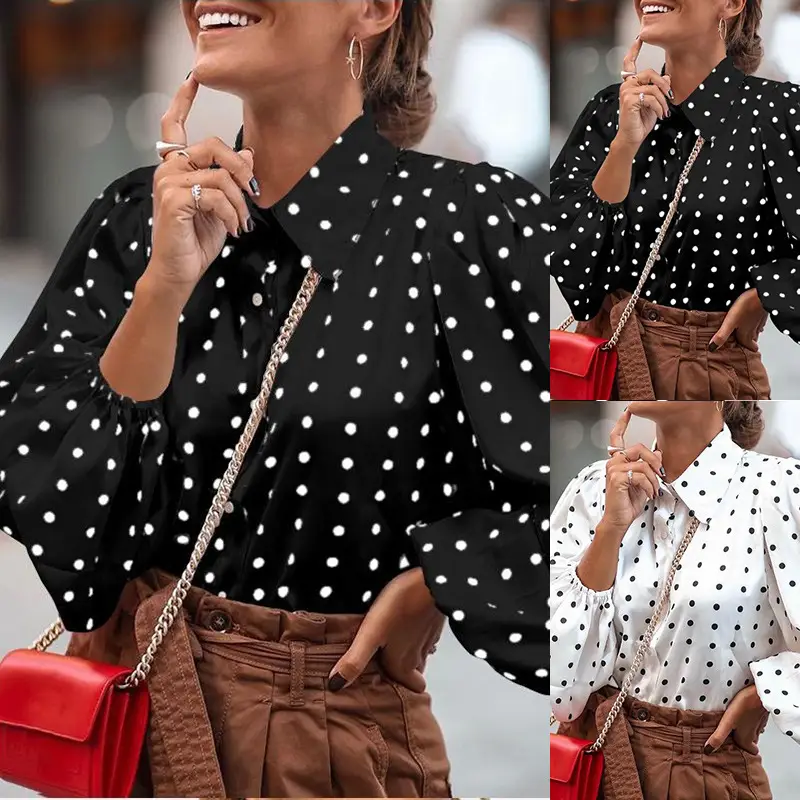 Women Lapel Polka Dot Chiffon Shirt White Black - Image 3
