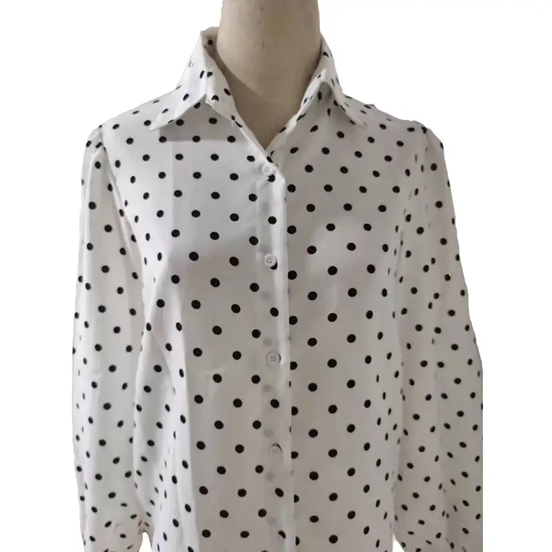 Women Lapel Polka Dot Chiffon Shirt White Black - Image 5