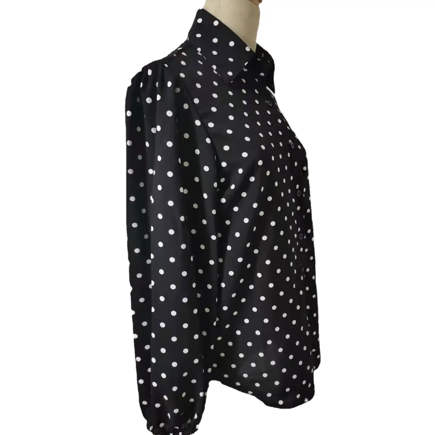 Women Lapel Polka Dot Chiffon Shirt White Black - Image 6