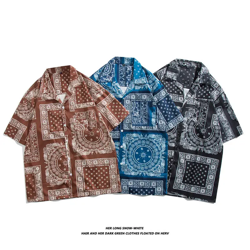 Japanese Style Cashew Flower Short Sleeve Shirt Men Brown Blue Grey - Image 68