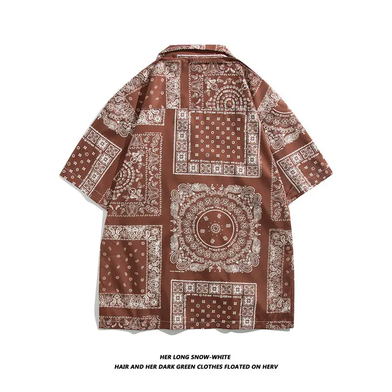 Japanese Style Cashew Flower Short Sleeve Shirt Men Brown Blue Grey - Image 69