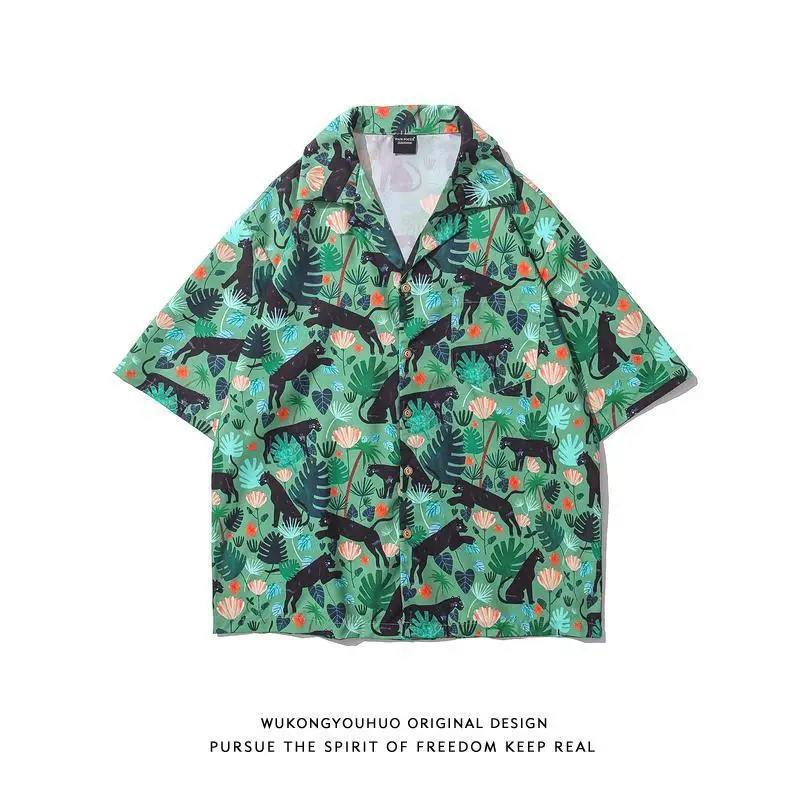 Japanese Style Cashew Flower Short Sleeve Shirt Men Brown Blue Grey - Image 45