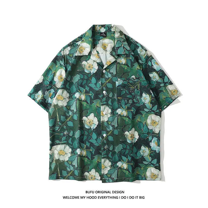 Japanese Style Cashew Flower Short Sleeve Shirt Men Brown Blue Grey - Image 47