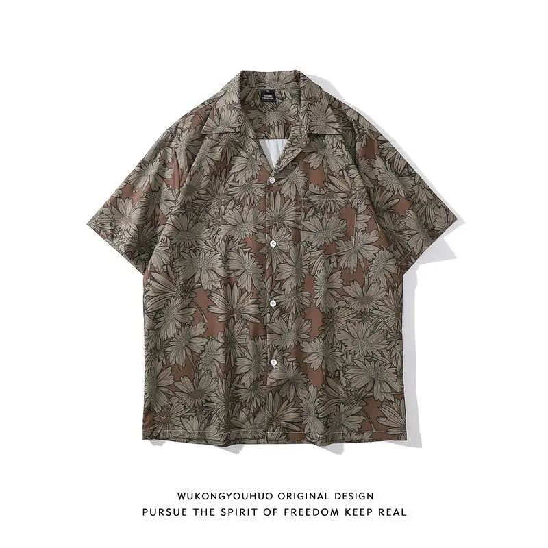 Japanese Style Cashew Flower Short Sleeve Shirt Men Brown Blue Grey - Image 54