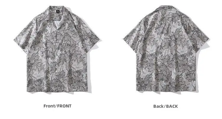Japanese Style Cashew Flower Short Sleeve Shirt Men Brown Blue Grey - Image 58