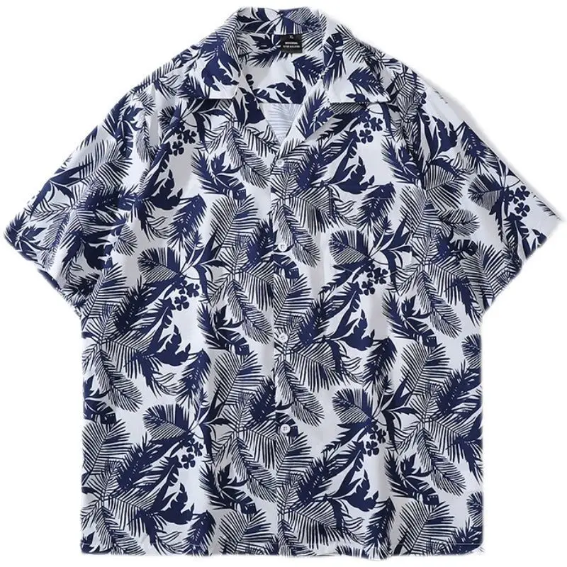 Japanese Style Cashew Flower Short Sleeve Shirt Men Brown Blue Grey - Image 63