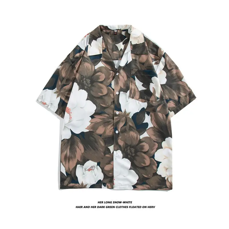 Japanese Style Cashew Flower Short Sleeve Shirt Men Brown Blue Grey - Image 30