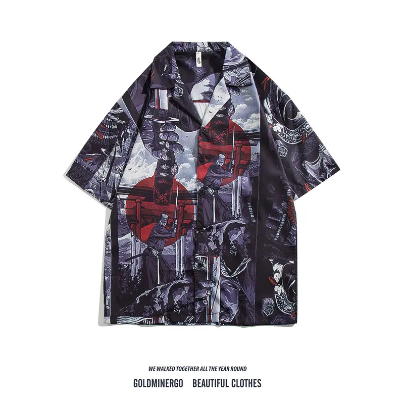 Japanese Style Cashew Flower Short Sleeve Shirt Men Brown Blue Grey - Image 34
