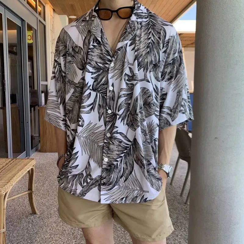 Japanese Style Cashew Flower Short Sleeve Shirt Men Brown Blue Grey - Image 35