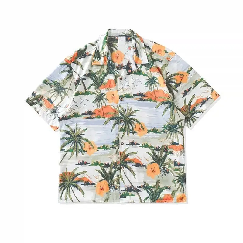 Japanese Style Cashew Flower Short Sleeve Shirt Men Brown Blue Grey - Image 36