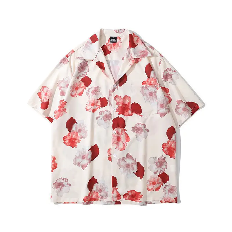 Japanese Style Cashew Flower Short Sleeve Shirt Men Brown Blue Grey - Image 37