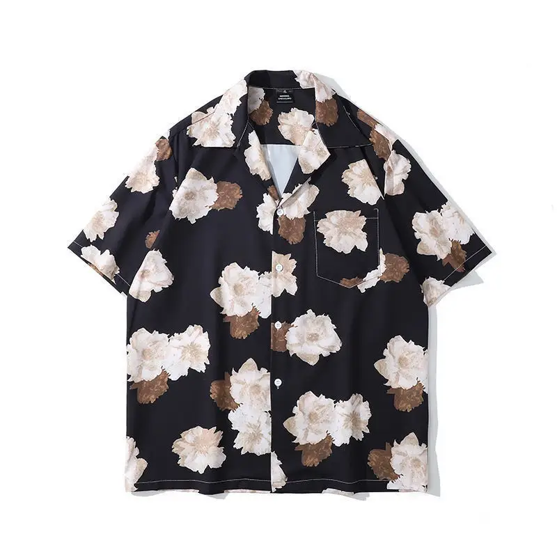 Japanese Style Cashew Flower Short Sleeve Shirt Men Brown Blue Grey - Image 38