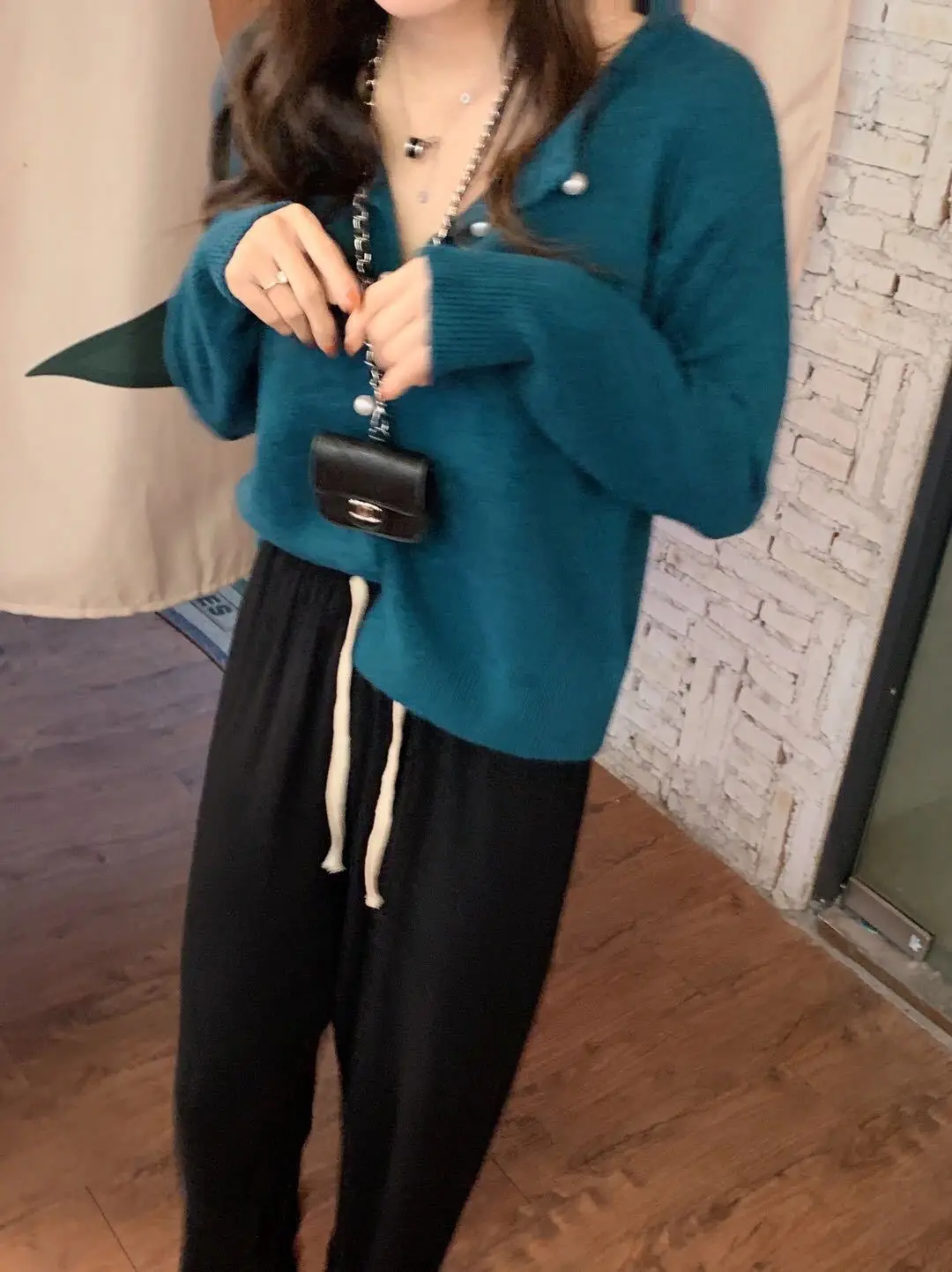Women's Knitted V-Neck Cardigan Set Teal Black