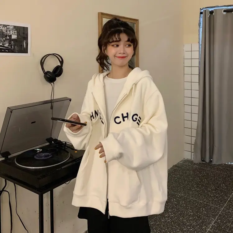 Women Velvet Zipper Hoodie Grey Large — feature 18