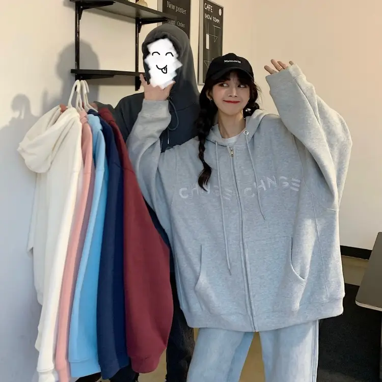 Women Velvet Zipper Hoodie Grey Large — feature 3