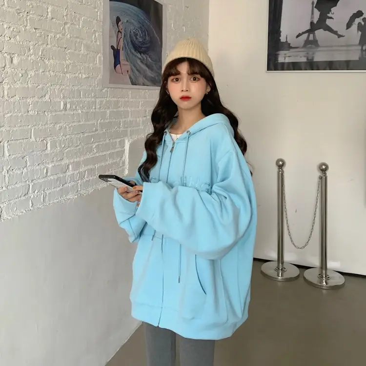 Women Velvet Zipper Hoodie Grey Large — feature 33