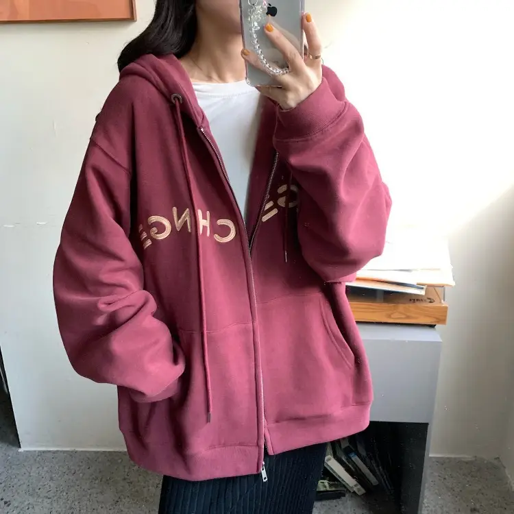 Women Velvet Zipper Hoodie Grey Large — feature 39