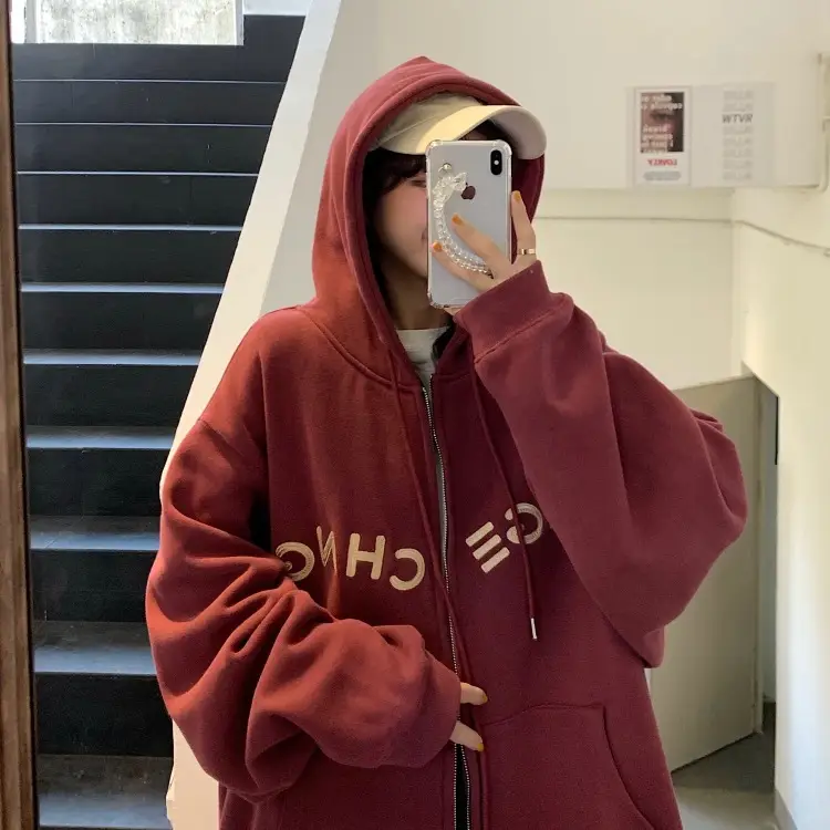Women Velvet Zipper Hoodie Grey Large — feature 45