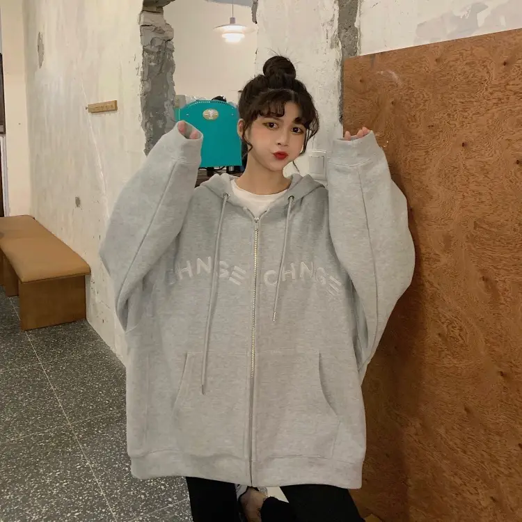 Women Velvet Zipper Hoodie Grey Large — feature 46