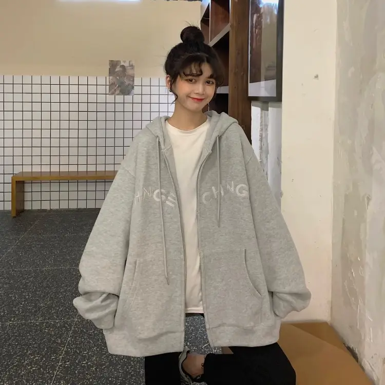 Women Velvet Zipper Hoodie Grey Large — feature 47
