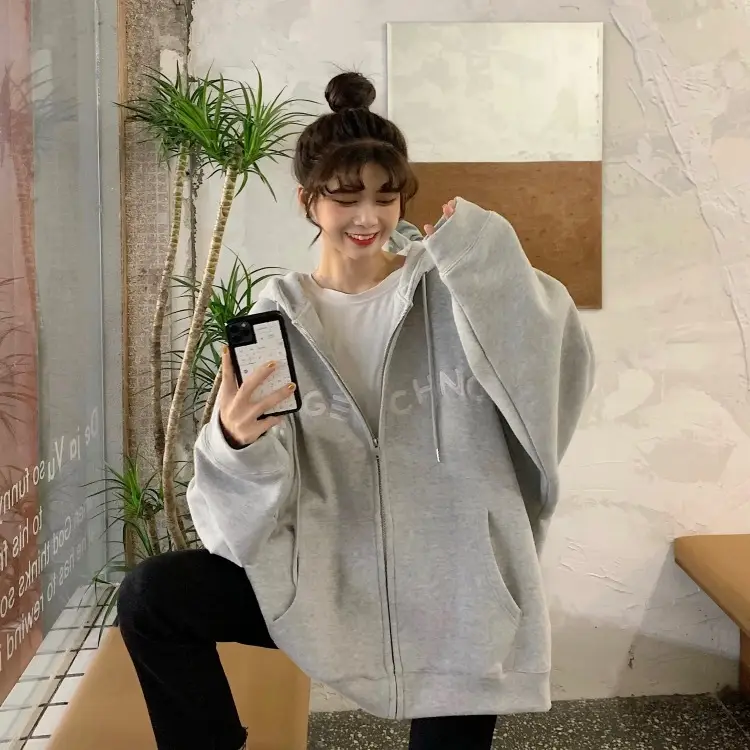 Women Velvet Zipper Hoodie Grey Large — feature 48
