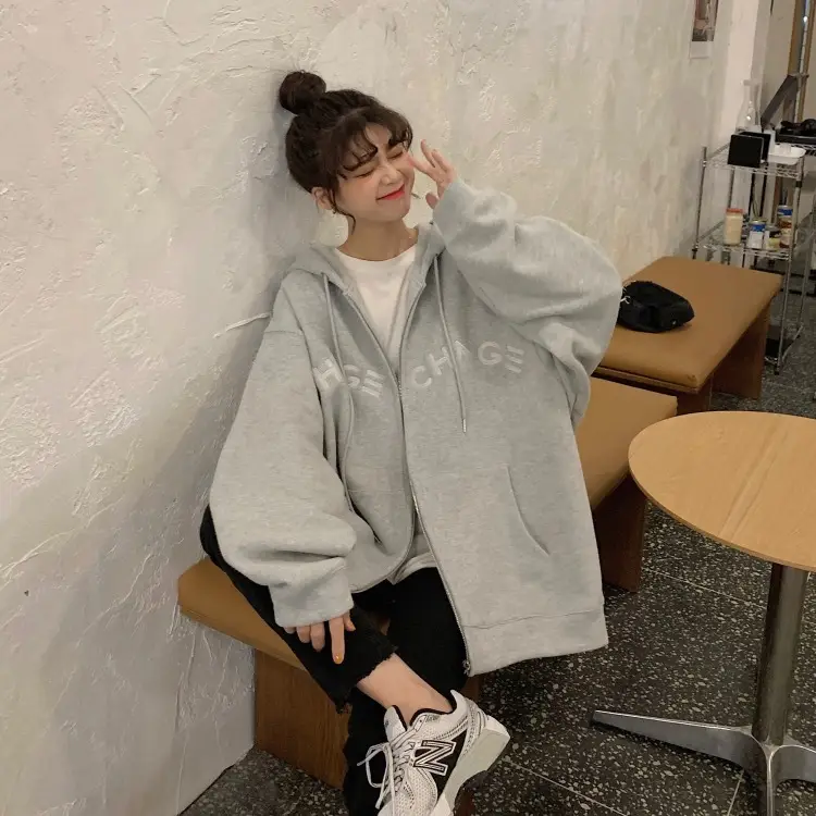 Women Velvet Zipper Hoodie Grey Large — feature 49