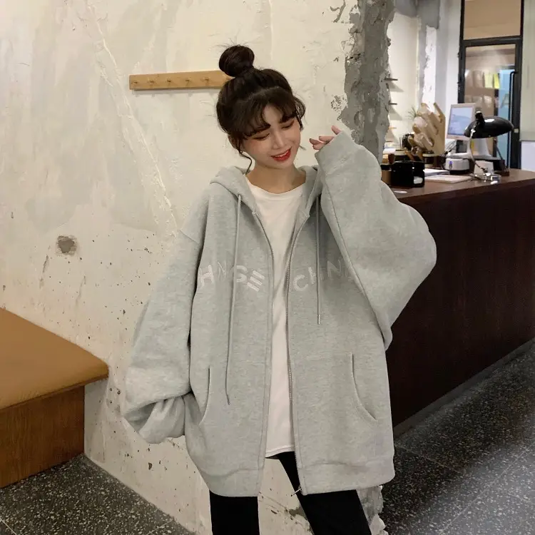 Women Velvet Zipper Hoodie Grey Large — feature 50