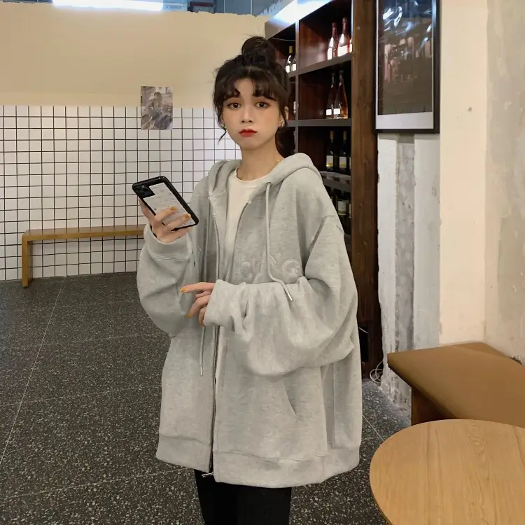 Women Velvet Zipper Hoodie Grey Large — feature 51