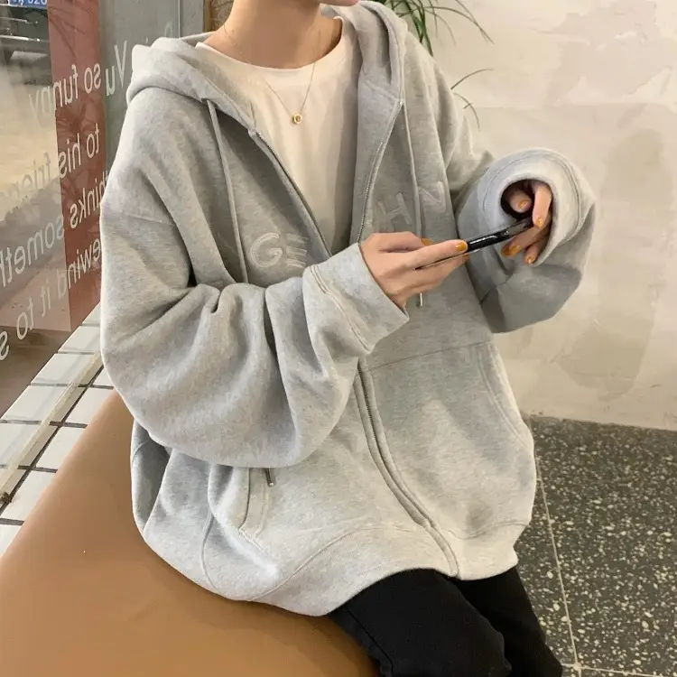 Women Velvet Zipper Hoodie Grey Large — feature 53