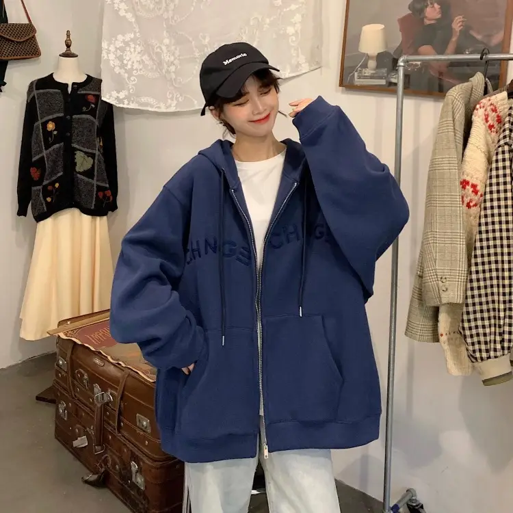 Women Velvet Zipper Hoodie Grey Large — feature 55