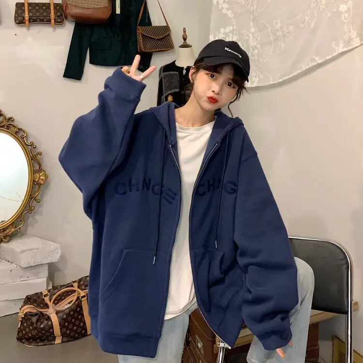 Women Velvet Zipper Hoodie Grey Large — feature 63