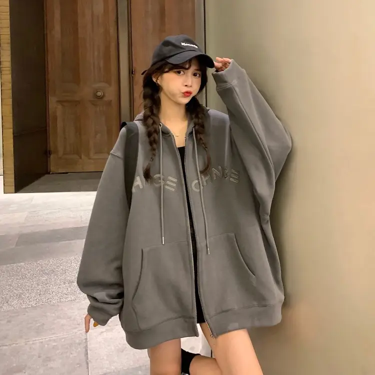 Women Velvet Zipper Hoodie Grey Large — feature 65