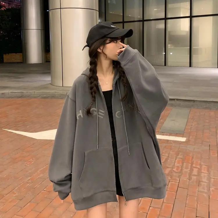 Women Velvet Zipper Hoodie Grey Large — feature 66