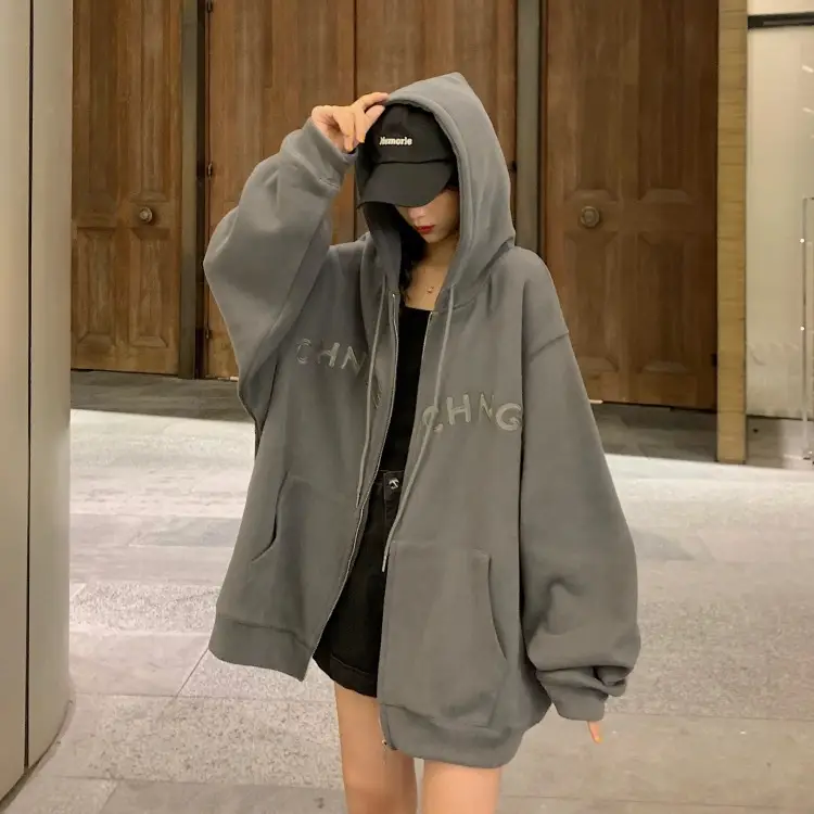 Women Velvet Zipper Hoodie Grey Large — feature 67