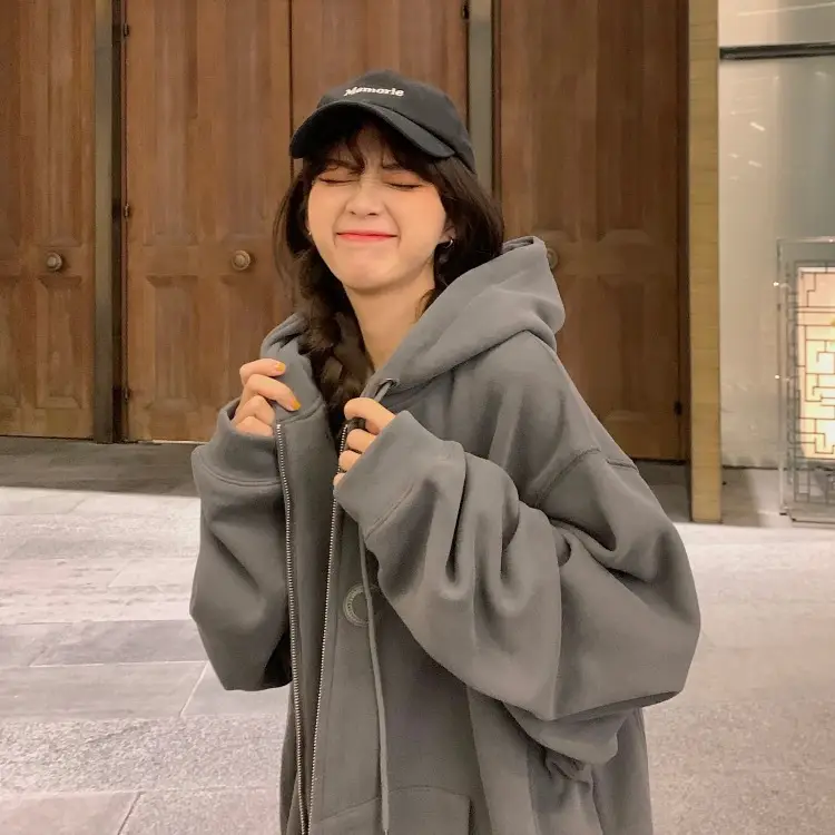 Women Velvet Zipper Hoodie Grey Large — feature 68