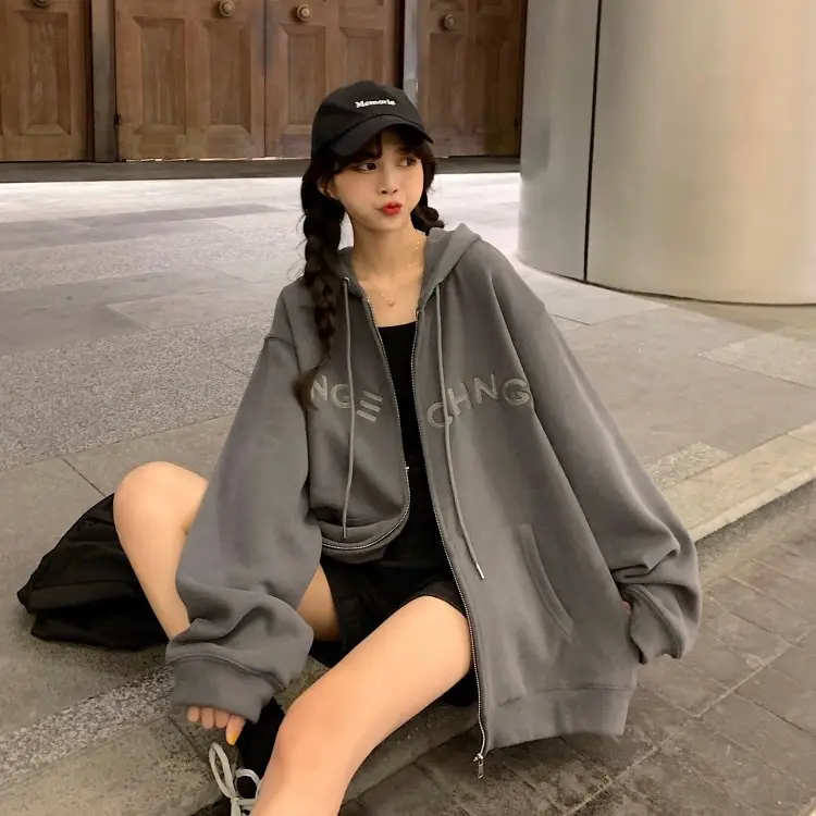 Women Velvet Zipper Hoodie Grey Large — feature 69