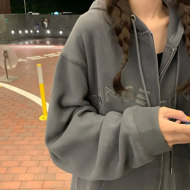 Women Velvet Zipper Hoodie Grey Large — feature 71