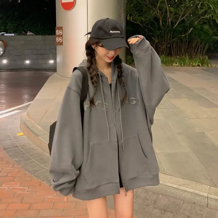 Women Velvet Zipper Hoodie Grey Large — feature 72