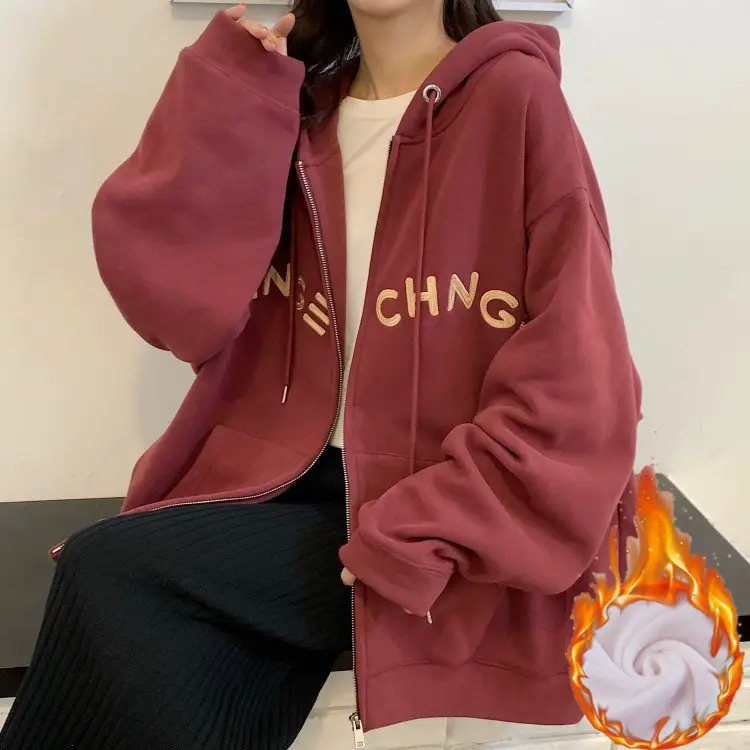 Women Velvet Zipper Hoodie Grey Large - Image 3