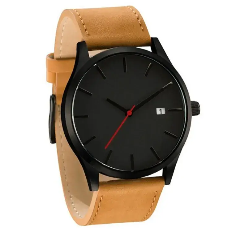 Men's Black Dial Quartz Watch with Tan Belt - Image 7